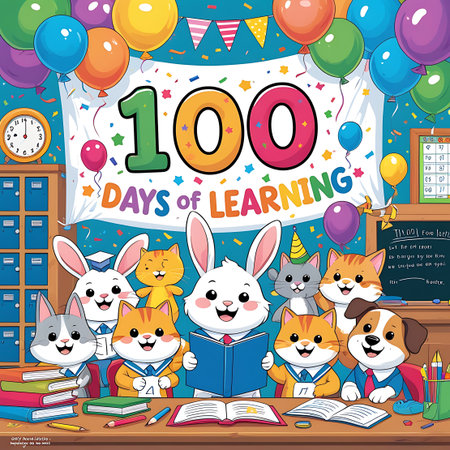 A lively cartoon illustration showing a group of cute animal characters, including bunnies and cats, celebrating 100 Days of Learning. They are in a classroom environment with colorful balloons, confetti, books, and school-related items. A banner proclaims "100 DAYS OF LEARNING" above the scene.の素材