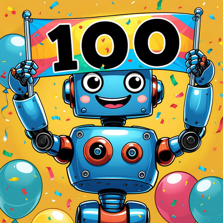 A charming blue cartoon robot with large, round eyes and a wide smile holds a vibrant banner that reads "100". The robot features red and orange accents and is surrounded by colorful balloons (blue, pink, yellow) and scattered confetti against a bright yellow background. The overall image conveys a sense of celebration and achievement.の素材