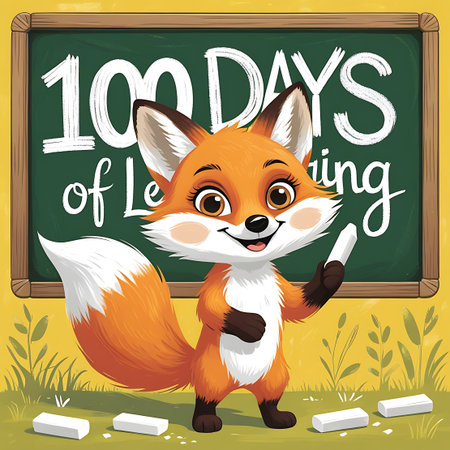 A charming, cartoon fox with bright orange fur, white accents, and large expressive eyes stands in front of a green blackboard. The blackboard displays the text "100 DAYS of Learning" in white chalk. The fox is holding a piece of white chalk in its right paw. The scene is set outdoors with green grass and yellow background elements.の素材