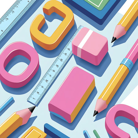 A vibrant and colorful arrangement of school supplies, including rulers, pencils, and erasers, is artfully composed on a light blue background. The objects are rendered in a slightly isometric perspective, highlighting their three-dimensional form. The scene evokes a sense of creativity and learning, with bright pink, yellow, and orange elements contrasting with the cool blue.の素材