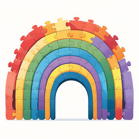 A vibrant rainbow constructed entirely from interlocking jigsaw puzzle pieces. The puzzle forms a perfect arch, with each color band clearly defined by the individual pieces. The image is presented on a plain white background, highlighting the colorful and complete nature of the puzzle.の素材