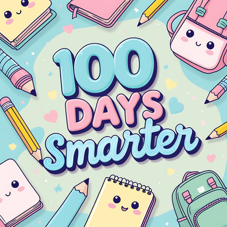 A charming and colorful illustration celebrating "100 Days Smarter." The central text is rendered in a playful, layered font with pastel blue and pink hues. It is surrounded by adorable, kawaii-style school supplies including pink and yellow notebooks with smiling faces, yellow pencils, and pink and green backpacks, also with cute facial features. Small hearts and stars are scattered throughout the composition, set against a light teal background.の素材