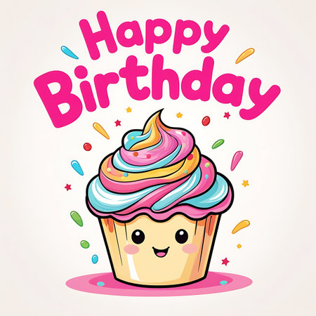 An adorable kawaii-style cartoon illustration of a cupcake with a happy, smiling face and blushing cheeks. The cupcake has a golden wrapper and is topped with a vibrant swirl of pink, blue, and yellow frosting, decorated with sprinkles. The text "Happy Birthday" is in bold pink lettering above, with colorful confetti scattered around, creating a playful and cheerful birthday message.の素材
