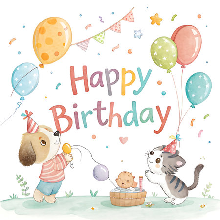 A charming watercolor illustration depicts a happy birthday scene with anthropomorphic animals. A light brown puppy wearing a party hat and a striped shirt holds a balloon string, while a grey and white kitten in a party hat looks up at the balloons. A tiny brown creature sits in a basket with a candle. Colorful balloons, confetti, and bunting add to the festive atmosphere.の素材