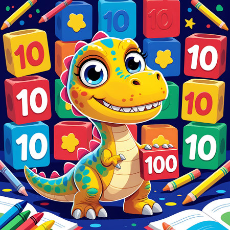 '10'. showing cute dinosaur holding number 100 block among number blocks keywords: dinosaur, cartoon, cute, friendly, yellow, green, blue, red, spots, happy, smiling, teeth, eyes, claws, tail, educational, learning, numbers, number 10, number 100, blocks, pencils, crayons, books, stars, blue background, children, kids, preschool, kindergarten, school, fun, playful, illustration, graphic, character, drawing, art, creative, vibrant, colorful, cheerful, bright, playful, whimsical, fantasy,...の素材