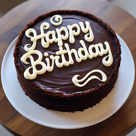 A rich, dark chocolate cake sits on a white plate, its surface covered in glossy chocolate frosting. The words "Happy Birthday" are written in flowing white icing on top, accompanied by decorative swirls of white frosting. The cake has a dense, moist appearance, and the overall presentation is simple yet elegant, perfect for a birthday celebration.の素材