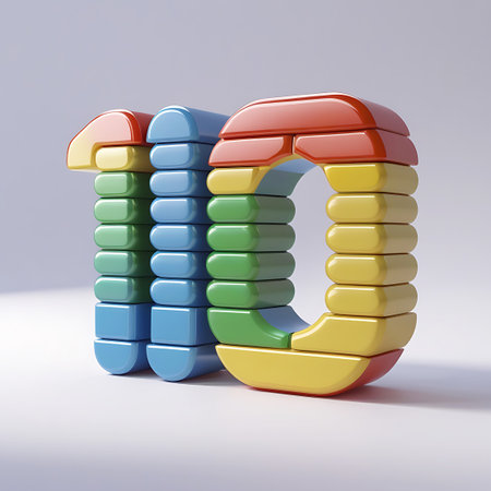 The number "10" is formed by stacked, rounded building blocks in a vibrant array of colors including red, orange, yellow, green, and blue. The blocks are interlocked to create the shape of the digits. The composition is clean, with the colorful number set against a neutral white background, emphasizing its playful and educational design.の素材