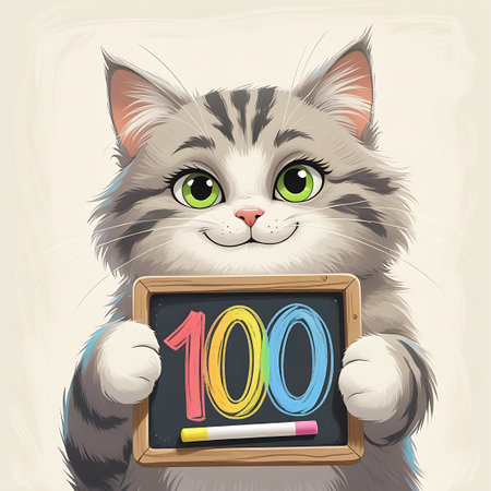 An endearing cartoon depiction of a grey and white tabby cat with large, expressive green eyes and a joyful smile. The cat is presenting a small chalkboard with the number 100 written in vibrant colors. A piece of chalk rests on the bottom edge of the board. The background is a muted, light tone.の素材