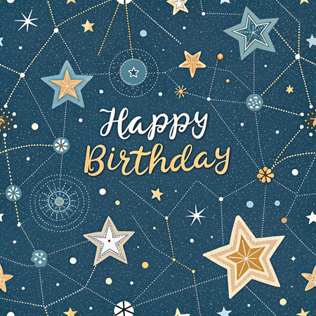 A dark blue background forms the base for this birthday greeting card, adorned with a celestial pattern of interconnected lines creating constellations. Scattered throughout are stylized stars in gold, teal, and white, along with small dots and circular decorative elements. The words "Happy Birthday" are written in a golden, elegant script in the center.の素材