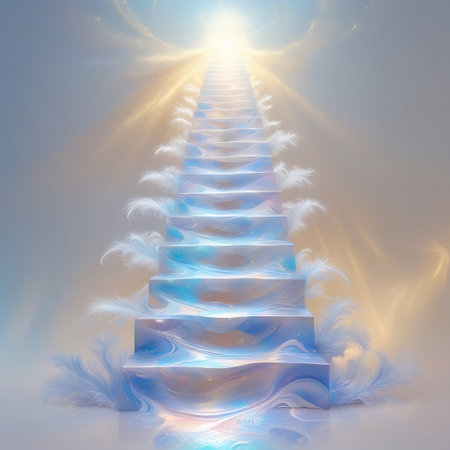 A beautiful, celestial staircase with distinct steps ascends towards a powerful, golden light source. Each step has a wavy, fluid surface with iridescent blue and golden tones. Soft, white, feather-like elements frame the sides of the staircase, creating an ethereal and angelic atmosphere. The overall scene evokes a sense of spiritual ascent and divine illumination.の素材