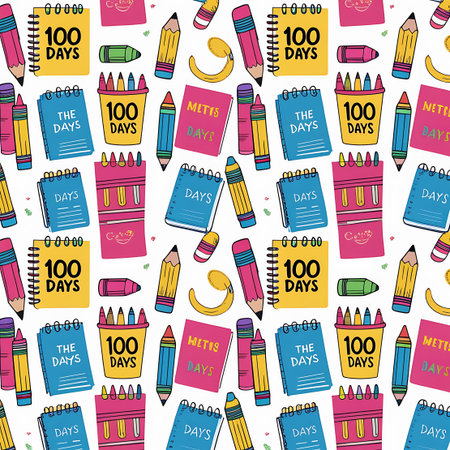 Pattern showing cheerful doodle pattern for 100 days of school celebration keywords: 100 days, school, education, learning, celebration, pattern, seamless, background, doodle, illustration, notebook, pencil, crayon, pen, numbers, text, kids, children, elementary, primary, counting, achievement, success, fun, colorful, whimsical, cute, drawing, graphic, design, repeating, stationery, supplies, school supplies, back to school, school days, hundred days, school celebration, education pattern,...の素材