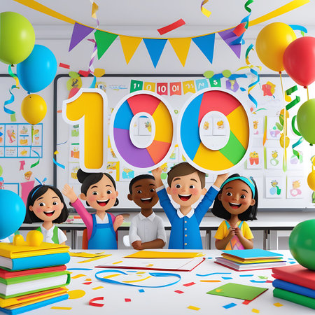Phoenix showing cheerful children hold up 100 days sign amidst classroom celebration keywords: 100 days, school, celebration, children, kids, diverse, multicultural, boys, girls, classroom, learning, education, balloons, party, decorations, confetti, streamers, banners, numbers, text, happy, smiling, joy, achievement, milestone, kindergarten, elementary, preschool, study, books, art, creative, fun, colorful, festive, event, group, together, friendship, success, award, recognition...の素材
