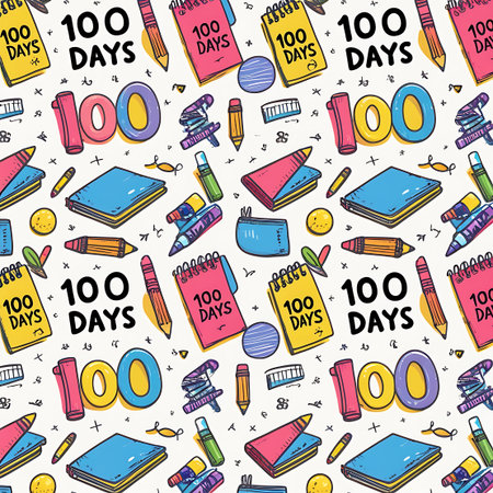 A vibrant and colorful doodle pattern featuring various school supplies and elements celebrating "100 Days". The pattern includes notebooks, pencils, pens, crayons, markers, rulers, scissors, staplers, books, and backpacks, all rendered in a playful, hand-drawn style. The number "100" is prominently displayed in large, bold letters, often accompanied by the text "DAYS". The overall composition is a seamless repeat pattern, ideal for backgrounds or surface designs related to education and...の素材