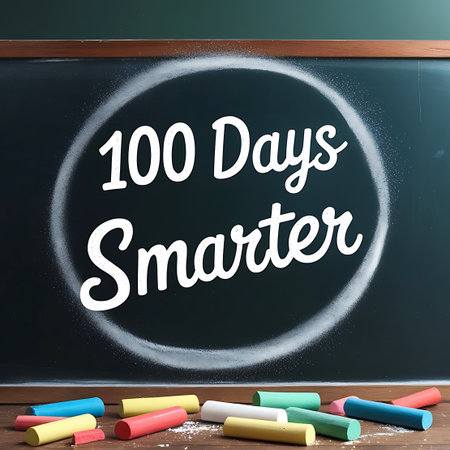Phoenix showing chalkboard with 100 days smarter message and chalk dust keywords: chalkboard, 100 days smarter, education, school, learning, chalk, message, celebration, achievement, kindergarten, elementary school, back to school, classroom, teaching, student, knowledge, success, fun, creative, text, lettering, inscription, announcement, milestone, concept, symbol, circle, spray, dust, dark background, wooden frame, wooden desk, table, scattered, variety, bright colors, pink, blue, yellow,...の素材