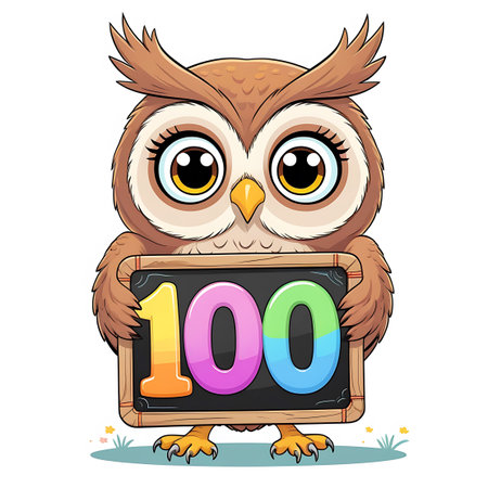 A charming, stylized cartoon owl with large, expressive eyes and fluffy brown feathers stands on a white background. It is holding a small, wooden-framed chalkboard displaying the number "100" in bright, multi-colored digits: yellow, pink, green, and blue. The owl has its talons gripping the sides of the board. Small green and yellow grass tufts are visible at the bottom.の素材