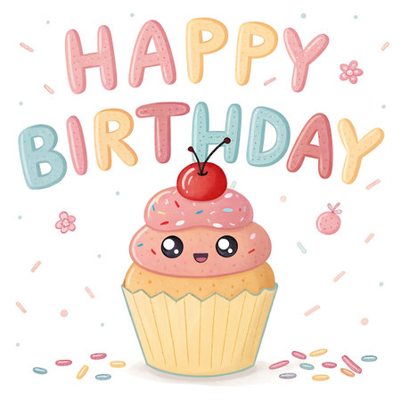 A charming illustration of a kawaii birthday cupcake with a red cherry on top and pink frosting adorned with colorful sprinkles. The words "HAPPY BIRTHDAY" are displayed in a playful, bubbly font above the cupcake, surrounded by small flowers and scattered confetti. The overall design is bright, cheerful, and evokes a sense of fun and celebration.の素材