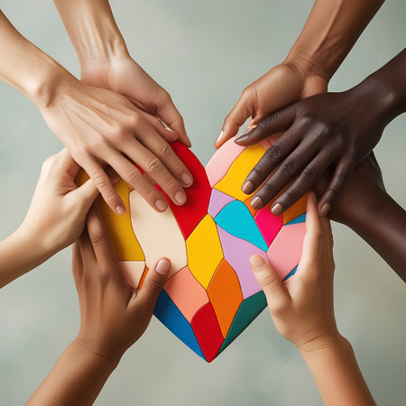 Multiple hands of varying skin tones are gathered around a colorful, segmented heart puzzle. The hands are gently touching and holding the puzzle pieces, symbolizing unity, diversity, love, and togetherness. The heart is composed of geometric shapes in bright, contrasting colors, representing a harmonious whole formed by different parts.の素材