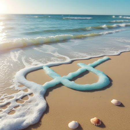 A dollar sign symbol, formed from light blue sea foam, is situated on a wet sandy beach. Gentle ocean waves with white foam are washing ashore, partially covering the symbol. Two small seashells are visible on the sand. The turquoise water and bright sunlight create a serene coastal scene.の素材