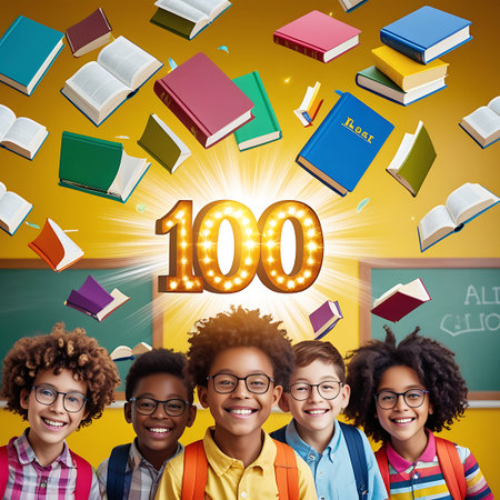 A vibrant and cheerful scene depicting five diverse children with beaming smiles, wearing glasses and backpacks, celebrating 100 days of school. The background features a bright yellow burst of light emanating from a large, glowing golden number "100". Numerous books, both open and closed, are scattered and flying around the number, along with colorful confetti and small school-related items. Two chalkboards are visible in the background, one with illegible writing and the other with the...の素材