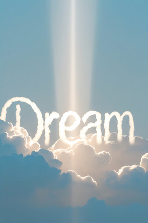 The word "Dream" is formed by wispy white clouds set against a serene blue sky. A bright, vertical beam of light shines down from above, illuminating the cloud-formed letters and creating a mystical, inspiring atmosphere. The image conveys a sense of hope and the pursuit of aspirations.の素材