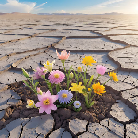 A variety of colorful wildflowers are pushing through a section of parched, cracked earth in an expansive, arid landscape. The dry ground is characterized by deep fissures, highlighting the challenging environment. The diverse blooms symbolize life, hope, and resilience. The scene is illuminated by soft sunlight beneath a blue sky with scattered clouds, with a range of mountains in the distance.の素材