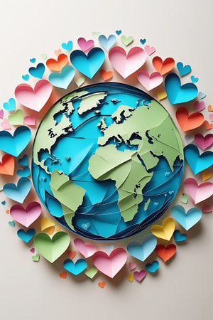 A visually striking image of a papercraft Earth globe, depicted with green landmasses and blue oceans. The globe is nestled within a large heart shape formed by an abundance of small, colorful paper hearts in various pastel and bright shades. The arrangement is set against a soft, light-colored background, highlighting the playful and affectionate theme.の素材