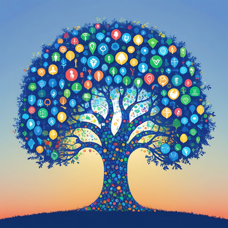 A stylized tree composed entirely of small, colorful icons and symbols representing various aspects of human life and society. The icons are densely packed, forming the trunk, branches, and canopy of the tree. The background features a smooth gradient from a clear blue sky at the top to a warm orange and yellow horizon, suggesting either sunrise or sunset. The ground beneath the tree is a dark silhouette of grass.の素材