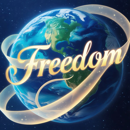 Representation showing earth with golden ribbon and the word freedom against a starry sky keywords: earth, globe, planet, freedom, ribbon, gold, golden, text, word, starry, sky, space, stars, cosmos, universe, international, global, concept, message, independence, liberty, aspiration, hope, dream, journey, exploration, adventure, celestial, cosmic, light, glow, shine, bright, luminous, dynamic, swirling, elegant, symbolic, representation, abstract, graphic, design, illustration, futuristic,...の素材