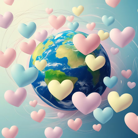 A stylized illustration of planet Earth at the center, surrounded by numerous floating hearts in soft pastel shades of pink, blue, and yellow. The hearts are of various sizes and appear to be gently drifting around the globe, creating a feeling of love, connection, and global unity. The background is a soft, gradient blue with subtle swirling lines.の素材