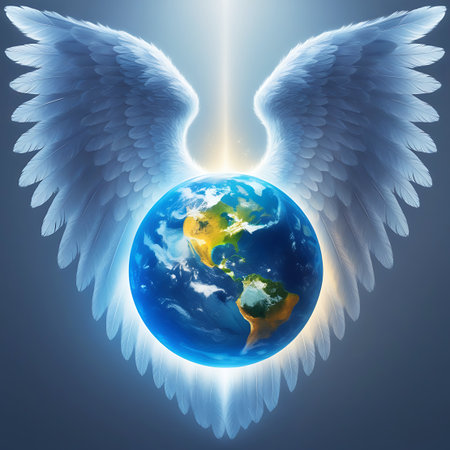 A detailed image of the Earth, showing continents in blue and green, is centrally positioned and embraced by large, luminous white angel wings. A powerful beam of bright white light shines down from above, illuminating the planet and wings. The background is a dark, starry expanse.の素材