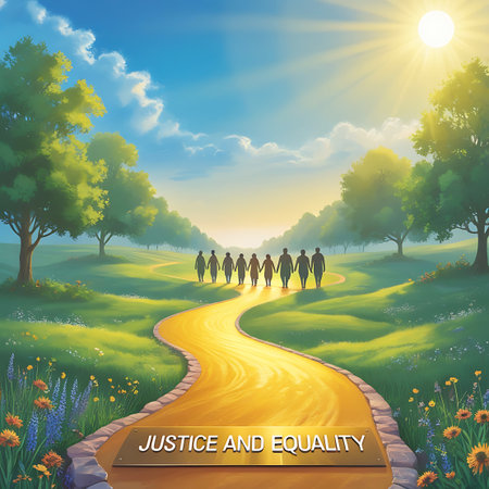 A diverse group of people walks hand-in-hand along a winding golden path through a lush green landscape. The path leads towards a bright, radiant sun in a blue sky filled with fluffy clouds. Trees line the sides of the path, and colorful wildflowers dot the grassy hills. A stone plaque at the bottom reads "JUSTICE AND EQUALITY".の素材