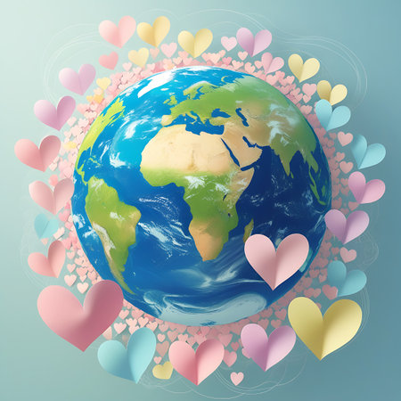 Pattern showing earth surrounded by pastel hearts symbolizing love and global unity keywords: earth, globe, planet, hearts, love, unity, pastel, pink, blue, yellow, soft colors, world, international, connection, peace, care, compassion, kindness, celebration, romance, friendship, family, togetherness, global, harmony, embrace, affection, sentiment, emotion, abstract, background, illustration, graphic, design, concept, symbol, representation, hope, joy, happiness, sweet, gentle, delicate,...の素材