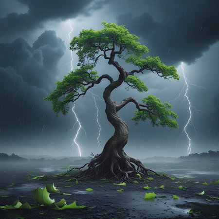 An ancient, gnarled tree with a thick, twisted trunk and exposed roots stands defiantly in a desolate landscape. The sky above is filled with dark, ominous storm clouds, and multiple bolts of lightning illuminate the scene. Rain is falling, and the ground is wet with puddles and scattered green leaves. The tree's vibrant green leaves contrast with the dark, stormy atmosphere.の素材