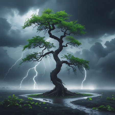 An ancient, twisted tree with lush green foliage is the focal point of a violent thunderstorm. Multiple bright lightning bolts crackle across the dark, turbulent sky, illuminating the scene. Heavy rain falls, and the ground is wet, with ripples on puddles. The tree's strong, exposed roots are visible, emphasizing its endurance against the overwhelming power of the storm.の素材