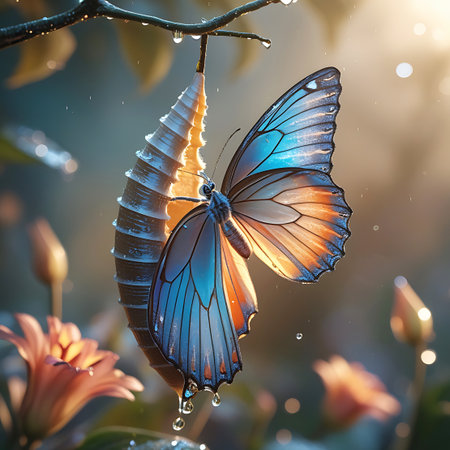 A detailed view of a blue and orange butterfly resting on a textured chrysalis that hangs from a branch. Water droplets are visible on the leaves and the chrysalis, with liquid dripping from its lower end. The scene is bathed in soft, warm sunlight, creating a gentle bokeh effect in the background with blurred flowers.の素材