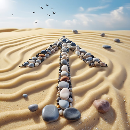 An arrow shape formed from various sized and colored pebbles is positioned in the center of rippled sand dunes. The arrow points upwards towards a bright sky with scattered clouds and a few silhouetted birds in flight. Smaller pebbles are scattered around the dunes, and the sunlight casts a warm glow on the sandy landscape.の素材