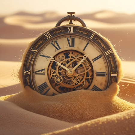 An ornate, antique pocket watch is partially submerged in soft, golden sand dunes. The watch face, with Roman numerals and exposed intricate gears, is visible above the sand. The surrounding desert landscape features rolling dunes under a warm, hazy light. The image symbolizes the passage of time, the ephemeral nature of existence, and the concept of time being lost or buried.の素材
