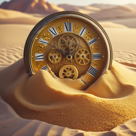 An antique pocket watch, its golden casing and intricate clockwork gears exposed, is partially buried in a vast desert landscape. The sand dunes surround the timepiece, highlighting its weathered appearance and the detailed mechanism within. The warm sunlight casts long shadows, emphasizing the texture of the sand and the metallic sheen of the watch.の素材