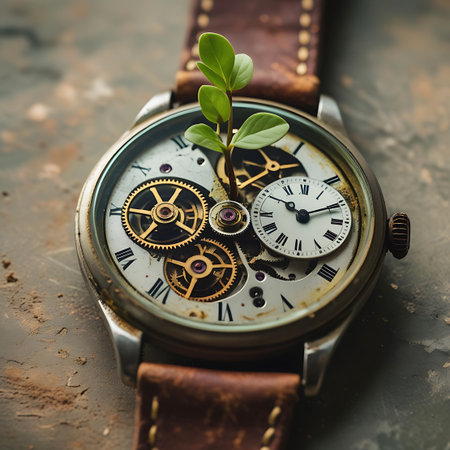 This image features a detailed close-up of an antique pocket watch, showcasing its intricate mechanical workings. A vibrant green sprout with several leaves is growing from the center of the watch face, intertwined with the visible gears. The watch has a main dial with Roman numerals and a smaller sub-dial, both with delicate hands. The aged leather strap is visible, and the overall aesthetic is vintage and textured, with a muted, earthy background.の素材