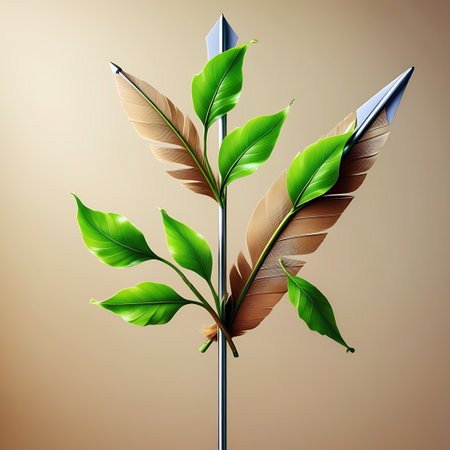 An arrow shaft serves as a central element, adorned with both brown feathers and a cluster of vibrant green leaves. The leaves and feathers are arranged in a visually appealing manner, resembling a natural bouquet. This image blends elements of nature with a symbolic object.の素材