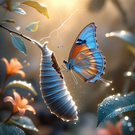 A beautiful blue and orange butterfly is perched on a ribbed chrysalis, which is hanging from a branch. Sunlight streams through the scene, creating visible light rays and illuminating sparkling particles and water droplets on the leaves and chrysalis. The background is softly blurred, with hints of flowers.の素材