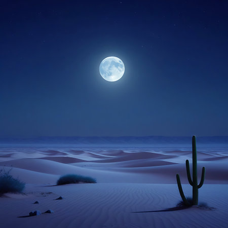 A bright, full moon shines in the deep blue night sky, illuminating a desert landscape of undulating sand dunes. A single, tall saguaro cactus stands in the foreground, casting a long shadow. Sparse desert bushes are scattered across the sandy terrain. The scene conveys a sense of vastness, solitude, and the stark beauty of the desert at night.の素材