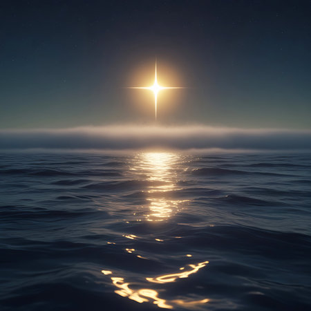 A brilliant, star-like light with eight points shines brightly in the dark night sky above a calm ocean. The star's light reflects on the rippling surface of the dark water, creating a shimmering path. A thin band of mist or fog hovers just above the horizon, adding to the atmospheric and serene mood of the scene. The sky is dark with a few distant stars visible.の素材