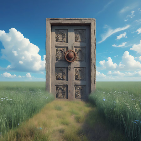 A detailed carved wooden door stands in a lush green field filled with wildflowers. A sunlit dirt path leads to the door, casting a warm glow. The bright blue sky is adorned with large, fluffy white clouds. This surreal landscape suggests a hidden entrance or a journey into the unknown.の素材