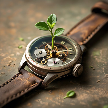 This image shows a detailed close-up of a vintage mechanical wristwatch. A small, healthy green sprout with delicate leaves is growing from the exposed internal gears and mechanism of the watch. The watch has a leather strap and a textured, aged appearance, highlighting the contrast between technology and nature.の素材