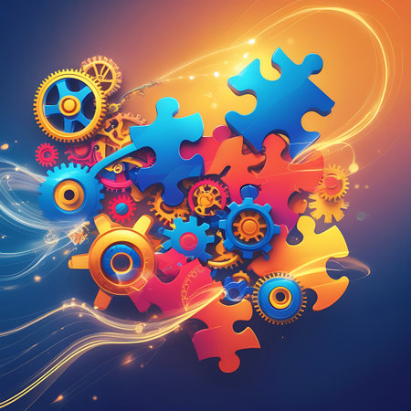A vibrant arrangement of colorful puzzle pieces in blue, pink, and yellow, intertwined with various sizes of gears. Bright orange and yellow light streaks weave through the composition, creating a sense of energetic motion and technological advancement. The puzzle pieces and gears are connected and overlapping, symbolizing integration, collaboration, and the complex workings of a system or idea. The background is a gradient of dark blue to warm orange.の素材