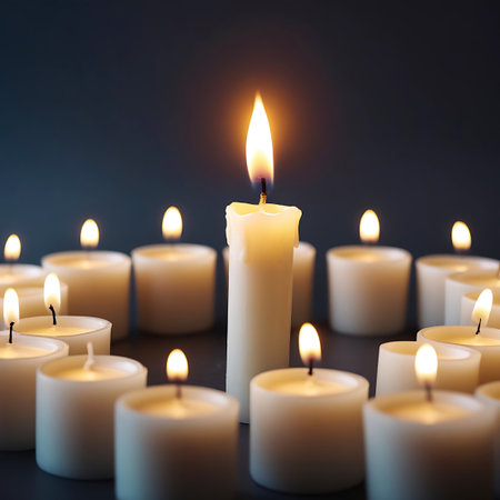 A detailed close-up of a single, tall white candle with a bright, flickering flame at its center. It is surrounded by a multitude of smaller, unlit white candles arranged in a semi-circle. The background is a dark, muted blue-grey, creating a dramatic contrast and emphasizing the light from the central candle. Some wax has dripped down the side of the central candle.の素材