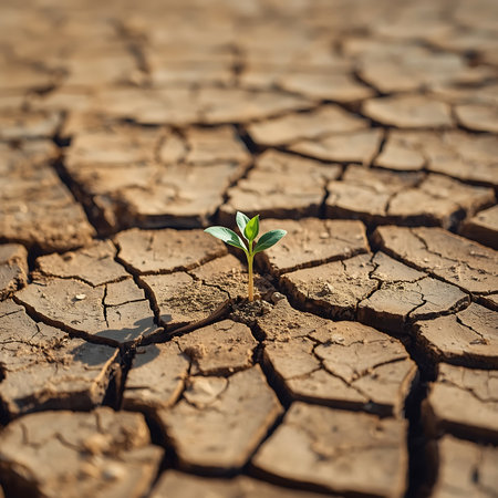 This close-up shot focuses on a tiny green sprout with two leaves emerging from the dry, cracked earth. The intricate patterns of the cracked soil dominate the foreground, emphasizing the challenging environment. The sunlight casts subtle shadows, highlighting the texture and detail.の素材