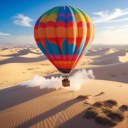 A vibrant, multi-colored hot air balloon with a woven basket carrying passengers drifts serenely over an expansive desert landscape. The sun casts long shadows across the undulating sand dunes, highlighting their textured patterns. Wisps of white smoke trail from the balloon's burner. The sky above is a clear blue with scattered white clouds, bathed in the warm glow of a setting sun.の素材