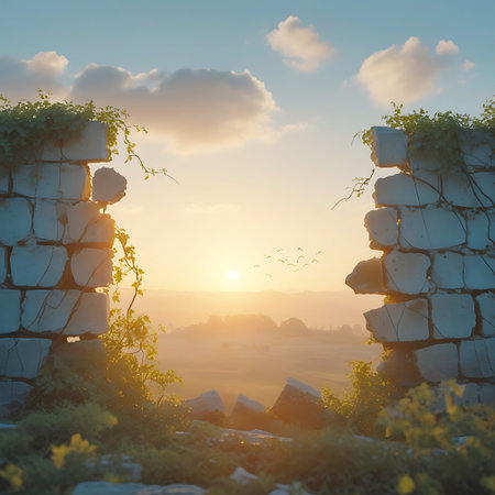 A weathered stone wall, cracked and overgrown with ivy, frames a view of a misty valley at sunrise. The wall is constructed from large, irregular white stones. The sun is low on the horizon, casting a soft, warm glow over the landscape. In the distance, a flock of birds flies across the sky.の素材